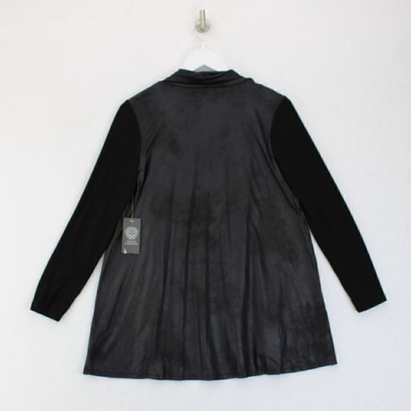 Vince Camuto Drape Front Faux Leather Cardigan in Rich Black - Picture 3 of 3